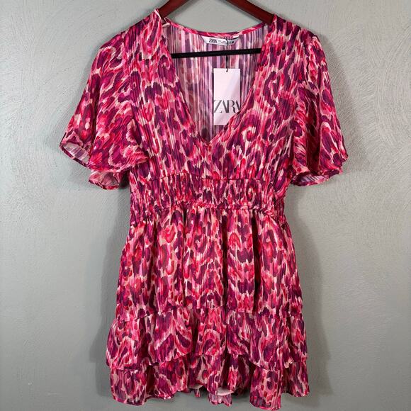 Zara Women's Dress Large Flounce Hem Elastic Waist Metallic Thread Printed Mini - Picture 8 of 9